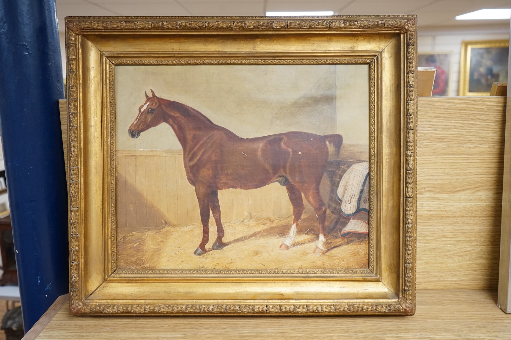 Edwin May Fox (act. 1830-1870), Study of a chestnut hunter in a stable, unsigned, oil on canvas, 32 x 40cm, gilt frame